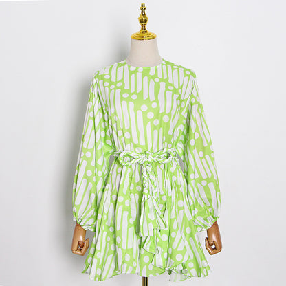 Summer round Neck Lantern Sleeve Printed Hand Woven Belt Ruffled Dress