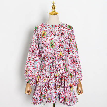 Summer round Neck Lantern Sleeve Printed Hand Woven Belt Ruffled Dress