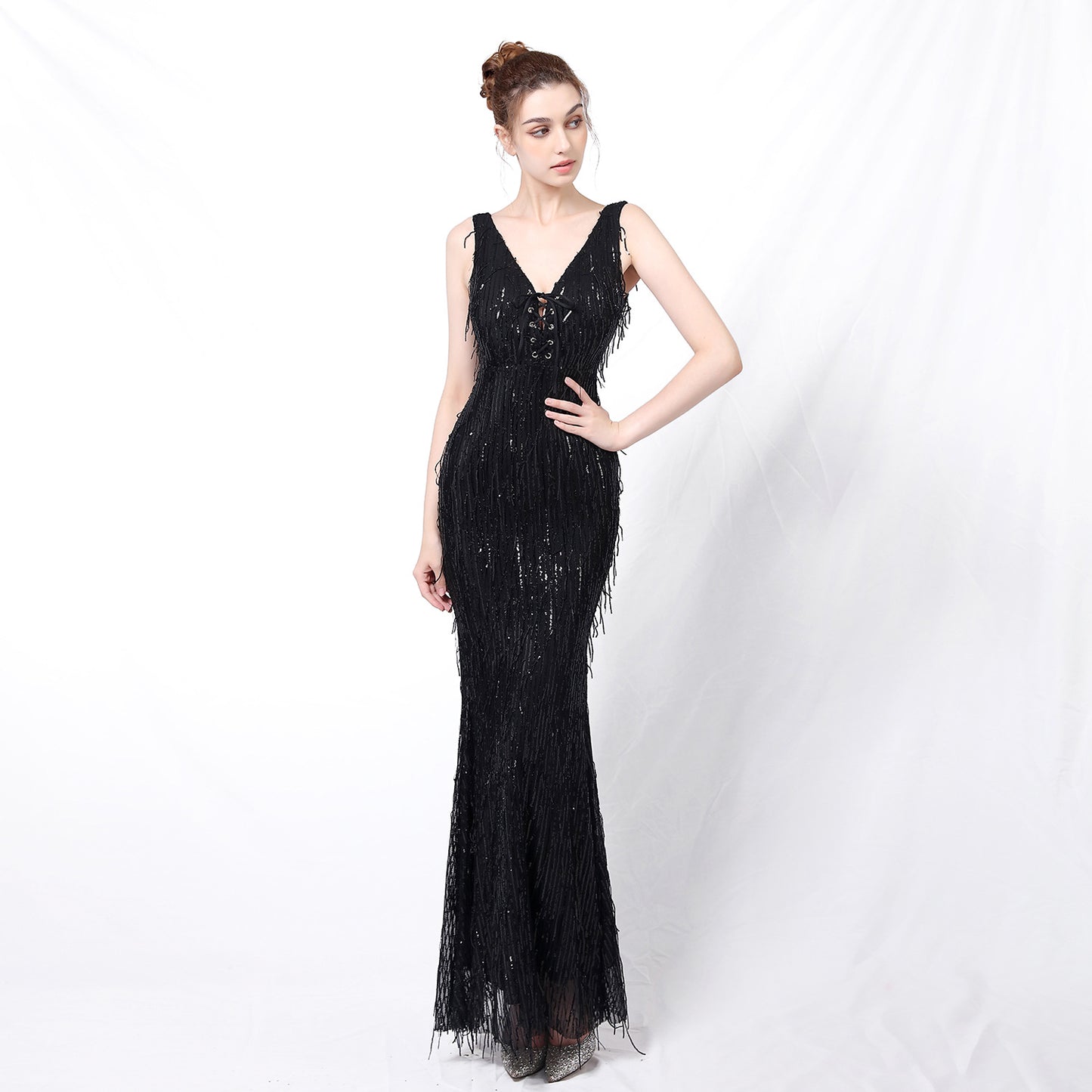 Polyester Silk Tassel Sequin Fishtail Cocktail Elegant Graceful Internet Celebrity Host Car Model Party Dress for Women