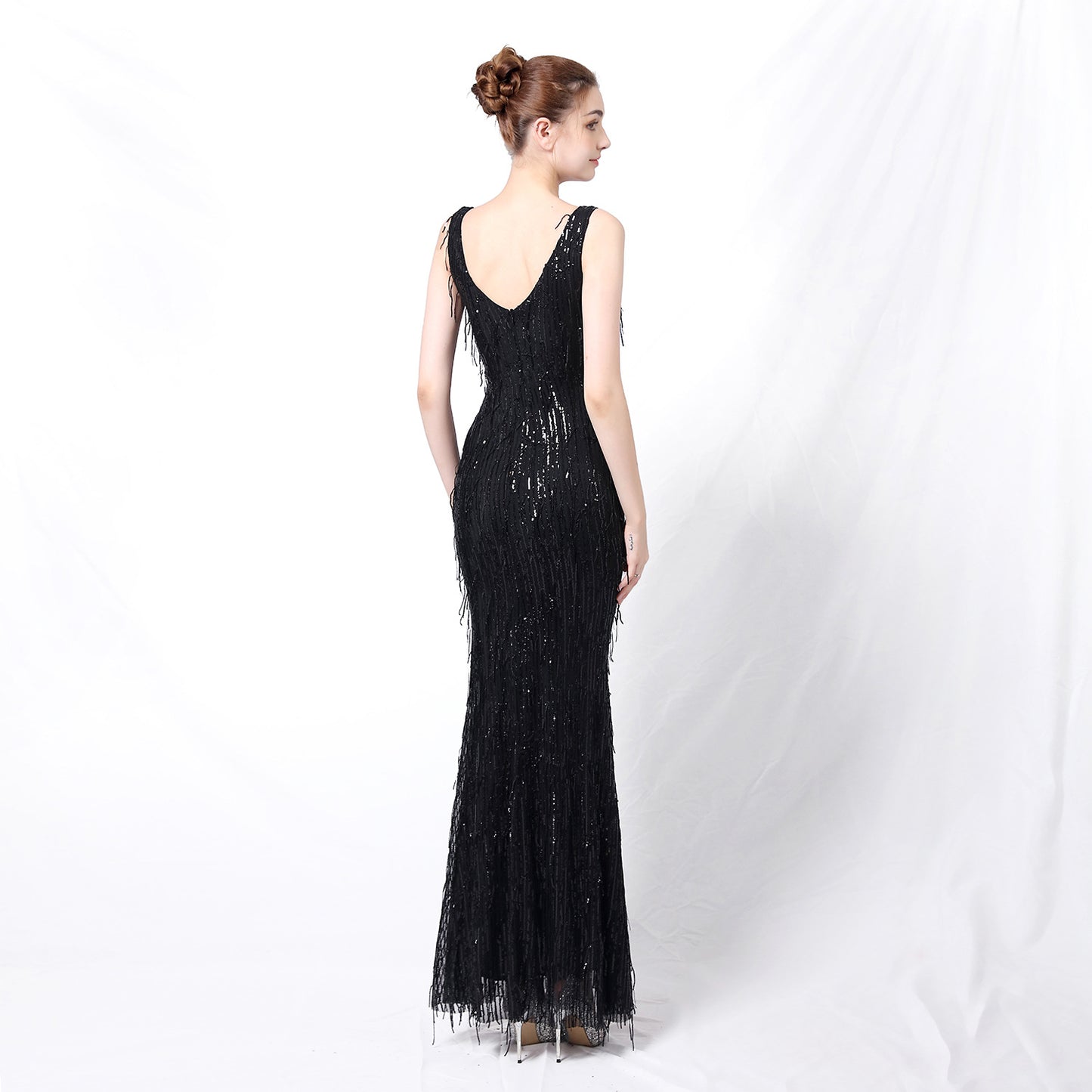 Polyester Silk Tassel Sequin Fishtail Cocktail Elegant Graceful Internet Celebrity Host Car Model Party Dress for Women