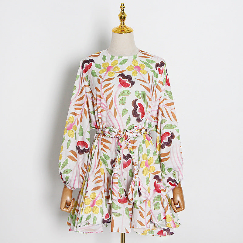 Summer round Neck Lantern Sleeve Printed Hand Woven Belt Ruffled Dress