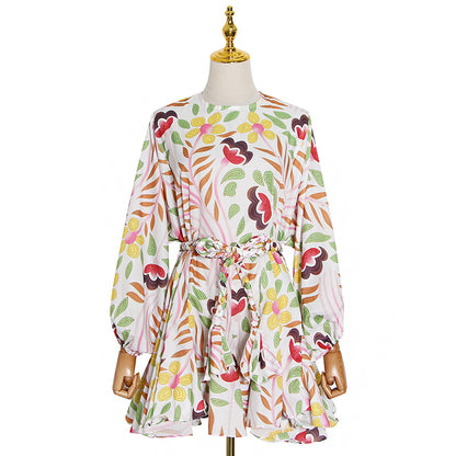 Summer round Neck Lantern Sleeve Printed Hand Woven Belt Ruffled Dress