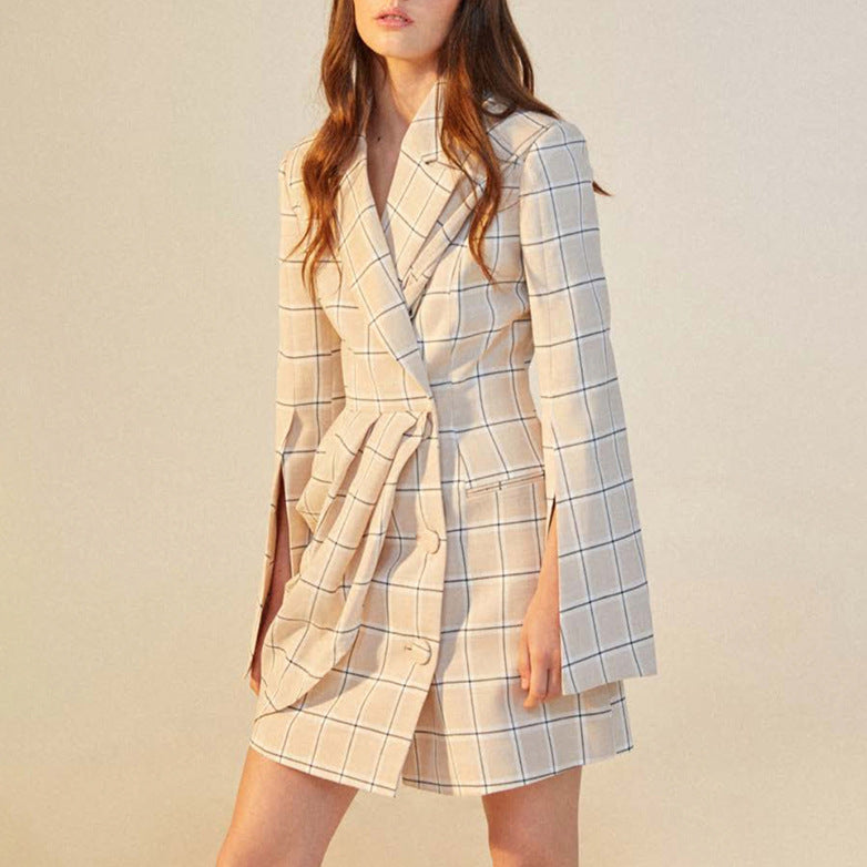 Women Design Dress Autumn Waist-Controlled Slimming Long Sleeve Pleated Asymmetric Plaid Blazer Dress