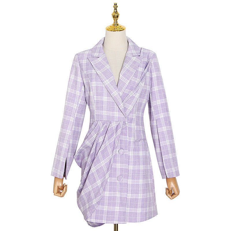 Women Design Dress Autumn Waist-Controlled Slimming Long Sleeve Pleated Asymmetric Plaid Blazer Dress