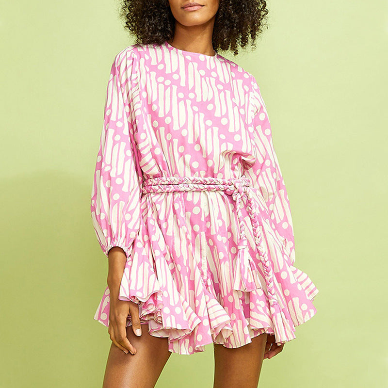 Summer round Neck Lantern Sleeve Printed Hand Woven Belt Ruffled Dress