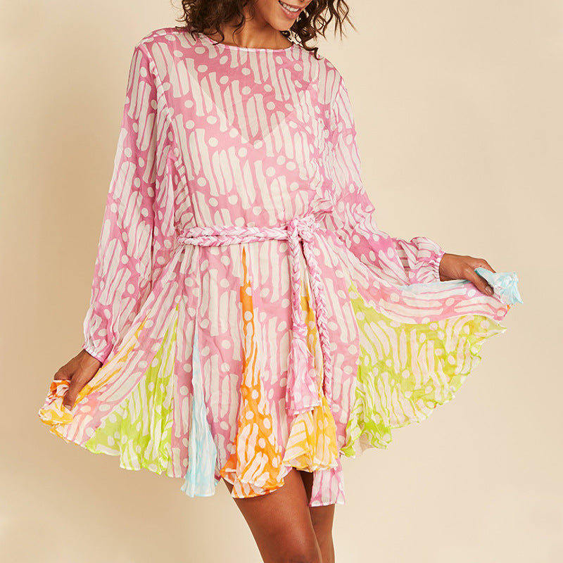 Summer round Neck Lantern Sleeve Printed Hand Woven Belt Ruffled Dress