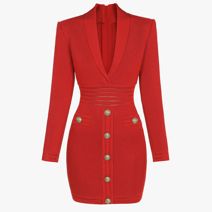 Autumn Winter Sexy V Elegant Lion Buckle Collared Knitted Sheath Dress