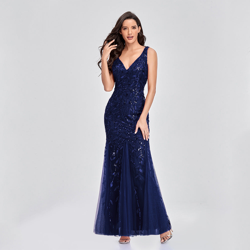 Dress Sexy Dress Sleeveless V-neck Embroidery Sequin Slim Fishtail Bridesmaid Evening Dress for Women