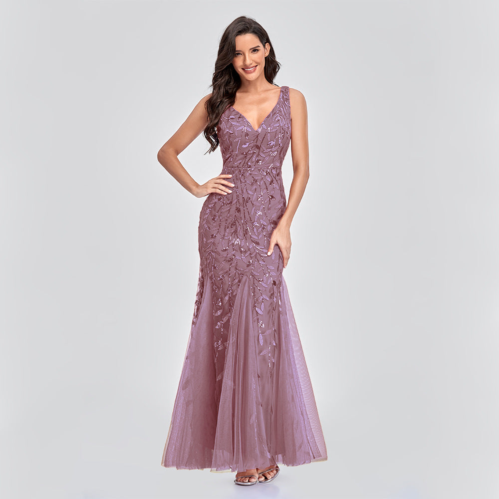 Dress Sexy Dress Sleeveless V-neck Embroidery Sequin Slim Fishtail Bridesmaid Evening Dress for Women