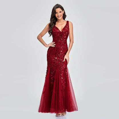 Dress Sexy Dress Sleeveless V-neck Embroidery Sequin Slim Fishtail Bridesmaid Evening Dress for Women