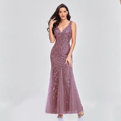 Dress Sexy Dress Sleeveless V-neck Embroidery Sequin Slim Fishtail Bridesmaid Evening Dress for Women