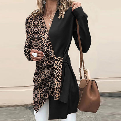 Vestido de mujer de Color contrastante con estampado de leopardo y cuello en V para mujer Otoño Invierno