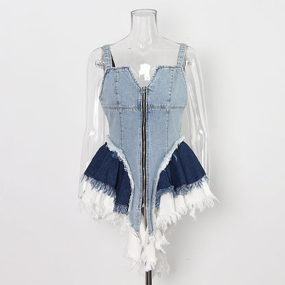 Summer Elegant Color Contrast Patchwork Denim Zipper Hem Irregular Asymmetric Cinched Women Dress