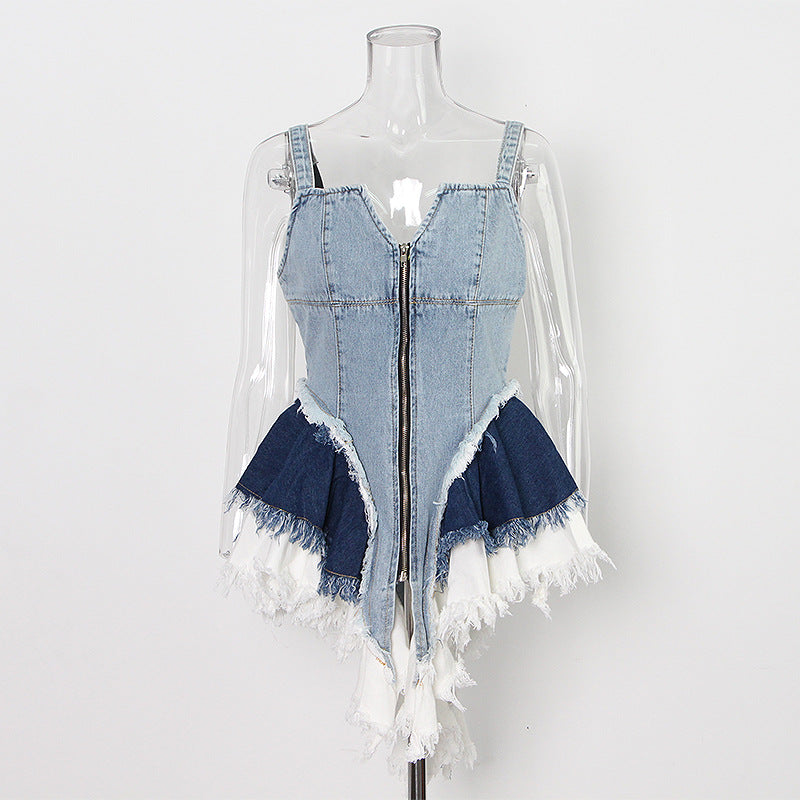 Summer Elegant Color Contrast Patchwork Denim Zipper Hem Irregular Asymmetric Cinched Women Dress