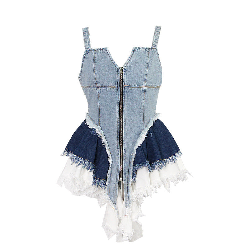 Summer Elegant Color Contrast Patchwork Denim Zipper Hem Irregular Asymmetric Cinched Women Dress