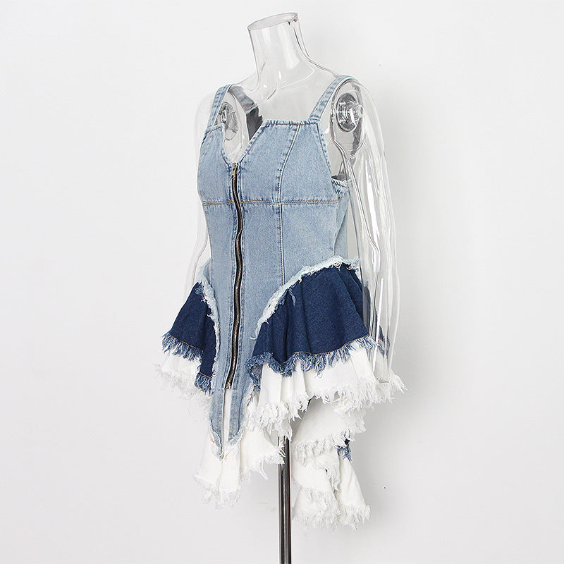 Summer Elegant Color Contrast Patchwork Denim Zipper Hem Irregular Asymmetric Cinched Women Dress