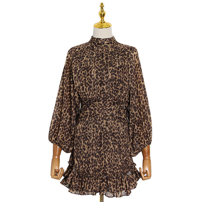 Winter Elegant Stand-up Collar Puff Sleeve Leopard Print Waist-Tight Slimming Short Dress