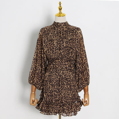 Winter Elegant Stand-up Collar Puff Sleeve Leopard Print Waist-Tight Slimming Short Dress