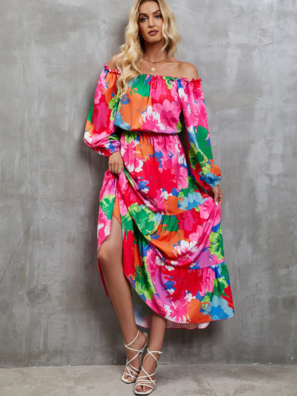 Printed Off-Shoulder Balloon Sleeve Tiered Dress