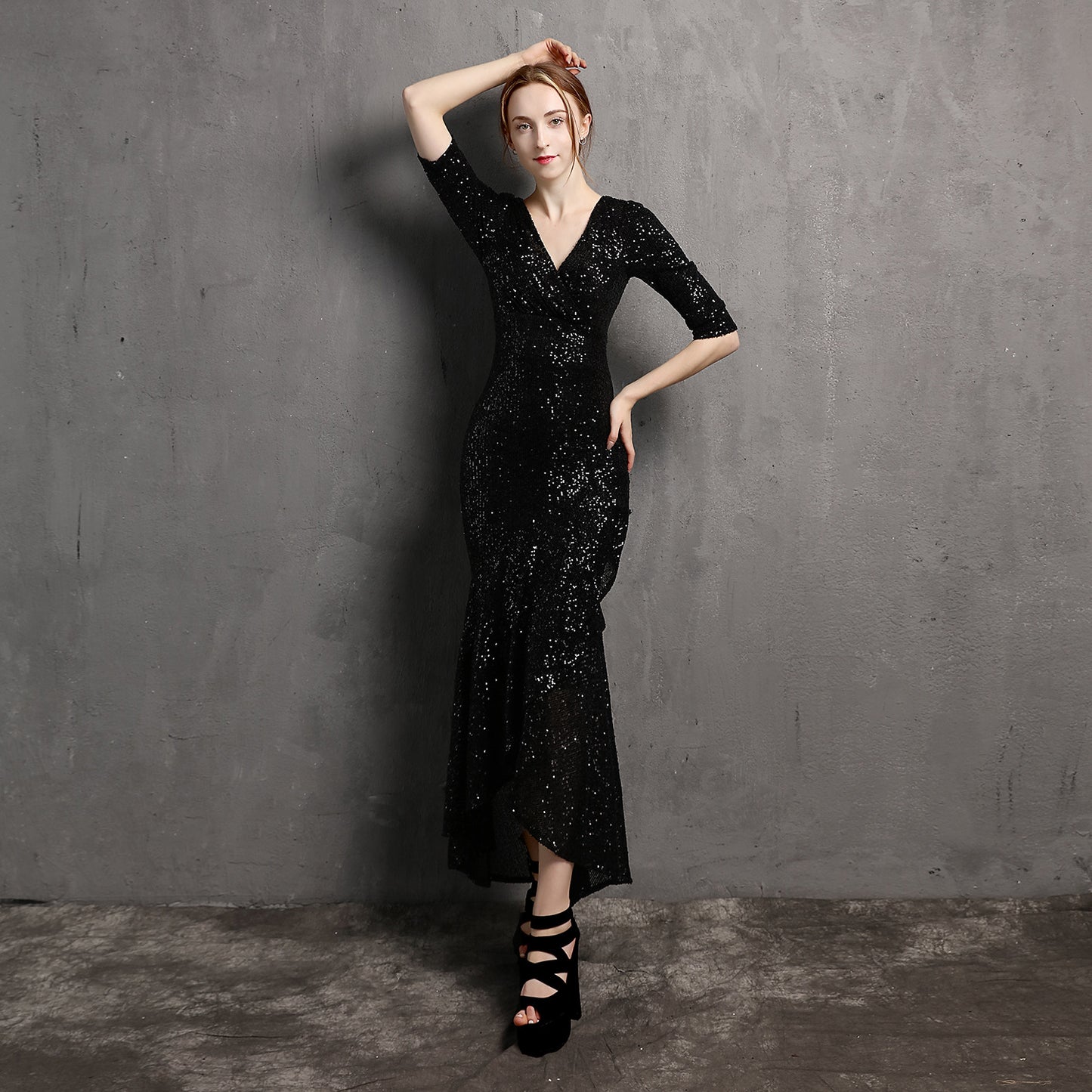 Long Sleeve V-neck Mid-Length Formal Dress Beaded Dress Wedding Banquet Party Dress Formal Gown