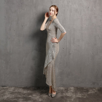 Long Sleeve V-neck Mid-Length Formal Dress Beaded Dress Wedding Banquet Party Dress Formal Gown