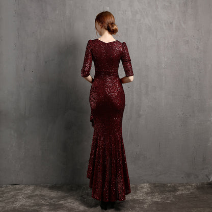 Long Sleeve V-neck Mid-Length Formal Dress Beaded Dress Wedding Banquet Party Dress Formal Gown