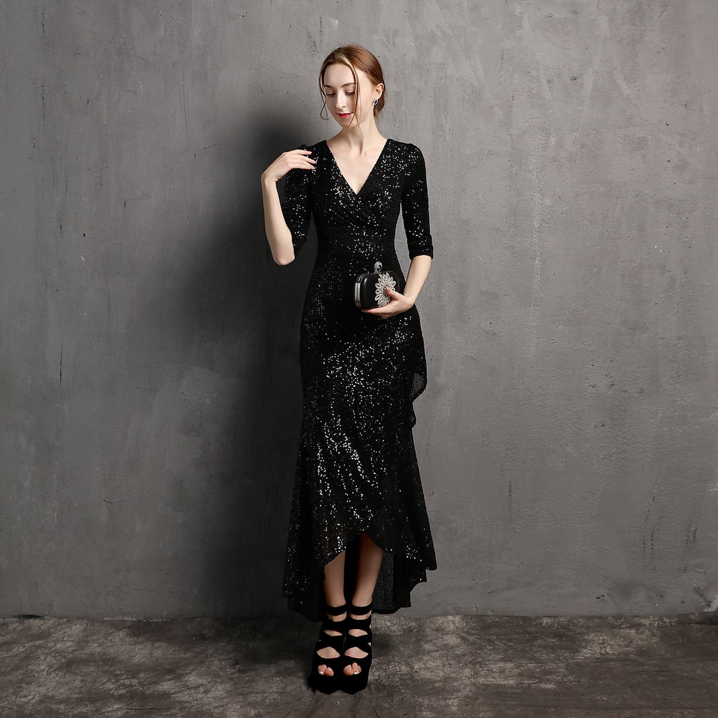 Long Sleeve V-neck Mid-Length Formal Dress Beaded Dress Wedding Banquet Party Dress Formal Gown