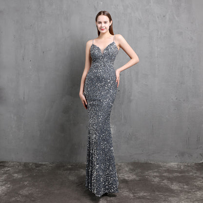 Robe de soirée de rassemblement de mondaine à paillettes colorées et lourdes, robe de toast sexy et longue et amincissante pour mariée