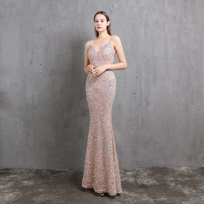 Robe de soirée de rassemblement de mondaine à paillettes colorées et lourdes, robe de toast sexy et longue et amincissante pour mariée