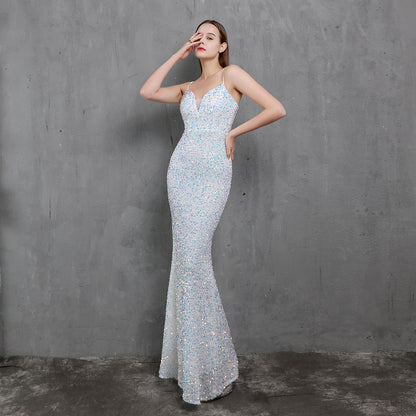 Heavy Craft Colorful Sequin Socialite Gathering Party Evening Dress Sexy Long Slimming Toast Dress Bride