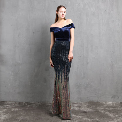 Fishtail Evening Dress for Women Elegant Banquet Annual Meeting Elegant Velvet Queen Formal Gown