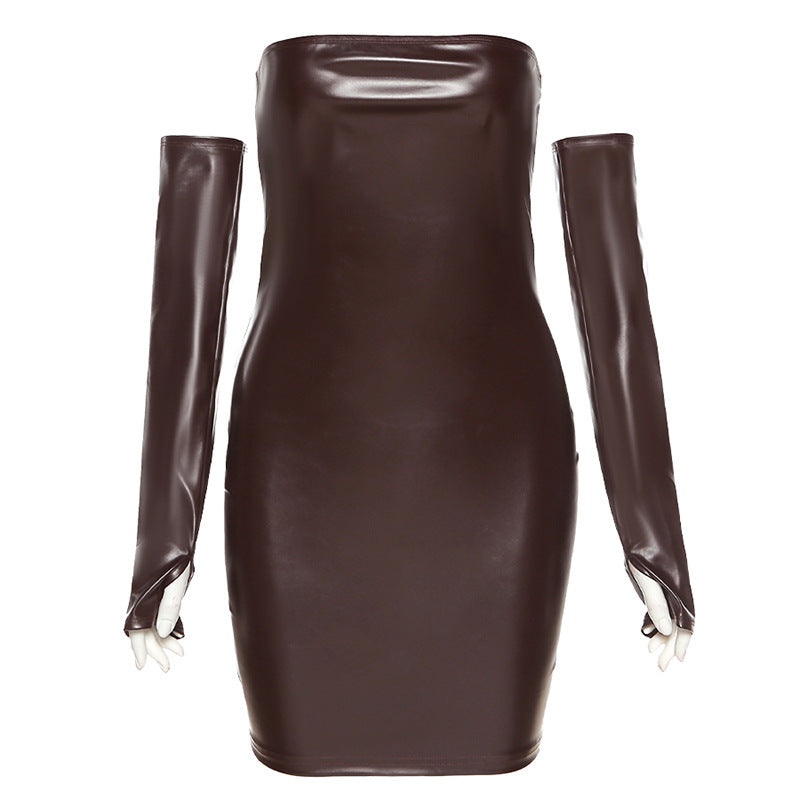 Autumn Winter Women Clothing Design off Neck Sexy Sheath Night Club Opera Glove Faux Leather Dress for Women