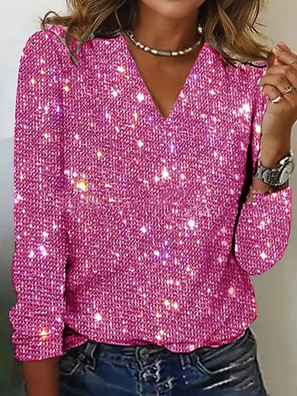 T-shirt à manches longues à paillettes de couleur pure pour femme