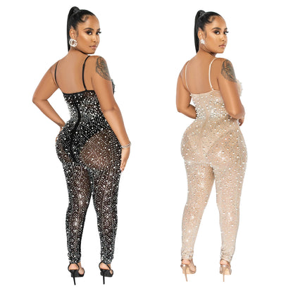 Women's Wear Pure Color Mesh Rhinestone Sleeveless Trousers Jumpsuit