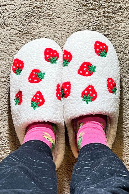 Chaussons de maison à motif de fraise floue, blanc brillant, mignons