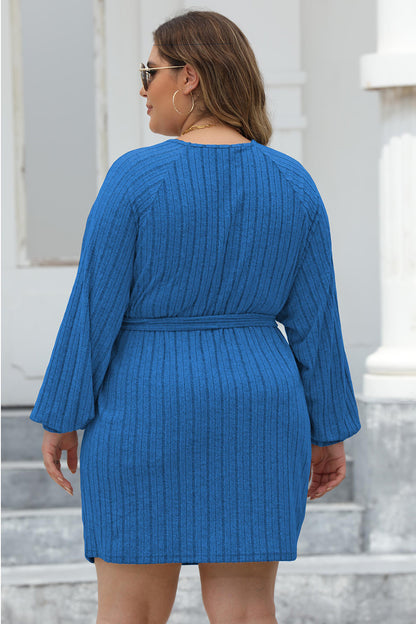 Robe Pull Côtelée Nouée sur le Devant à Manches Longues de Grande Taille