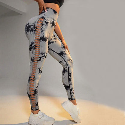 Pantalones de Yoga con estampado de tinte de corbata calado para mujer, mallas deportivas sin costuras con realce de glúteos y cintura alta, pantalones ajustados para gimnasio y Fitness