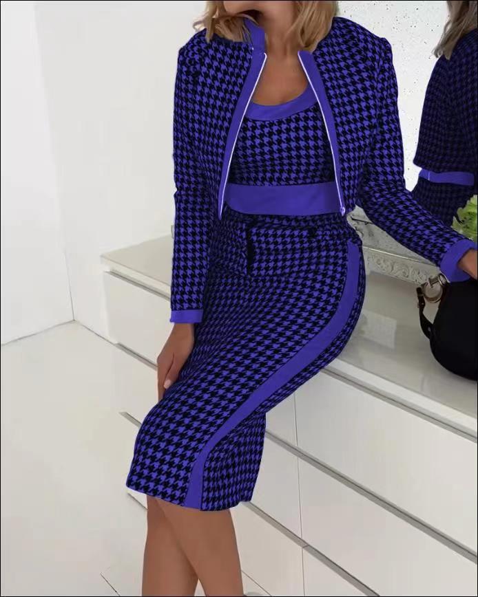 Printed Long Sleeve Coat Vest Plus Skirt Three-piece Suit