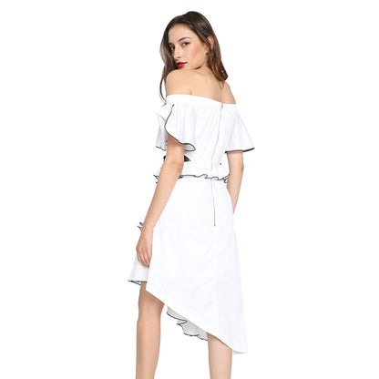 Women Clothing Autumn off Neck Ruffled Short Sleeves Mid Waist Lace Dress for Women