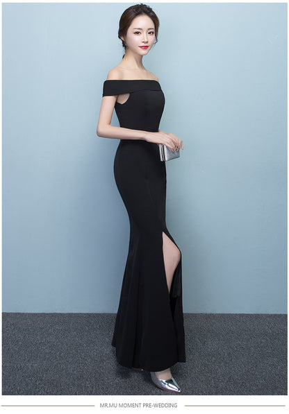 Evening Dress Women Cocktail Elegant Long Sexy Black off Shoulder Slim Fishtail Host Dress