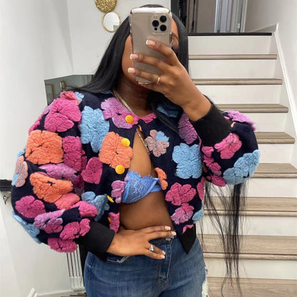 Manteau Acquard à fleurs tridimensionnelles rétro pour femmes