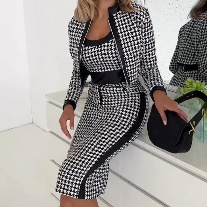 Printed Long Sleeve Coat Vest Plus Skirt Three-piece Suit