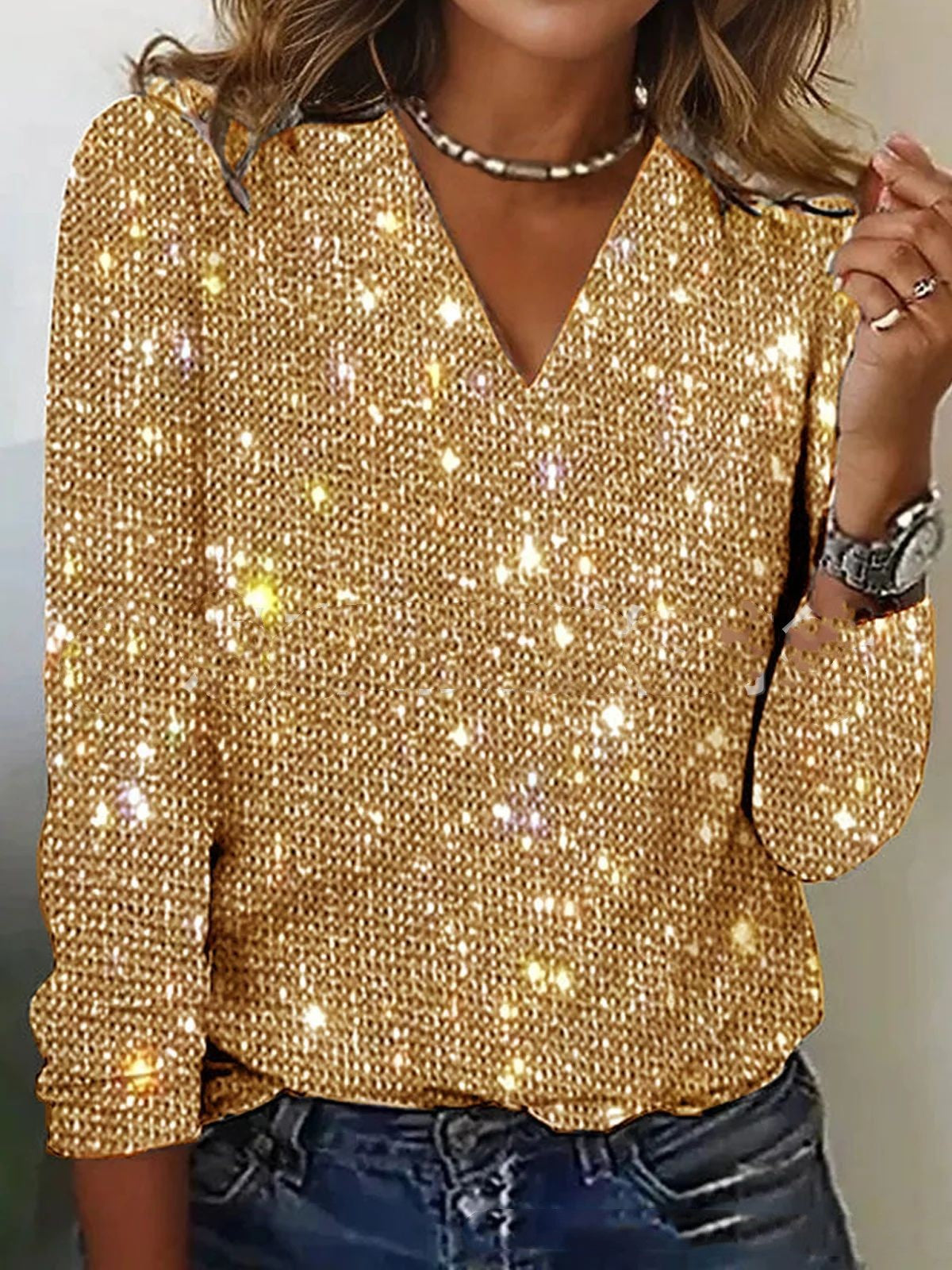 Women's Pure Color Sequins Long-sleeved T-shirt