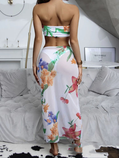 Printed Bikini Sexy Swimsuit Women's Three-piece Set Tulle Skirt