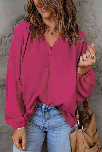 Notched Neck Balloon Sleeve Blouse