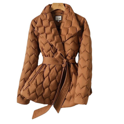 Doudoune courte légère en soie chocolat pour femme, manteau d'hiver mi-long serré à la taille