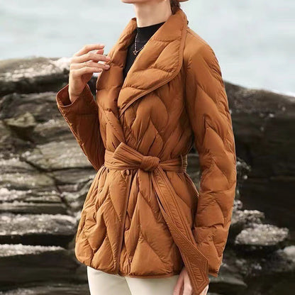 White Goose Down Light Thin Fashion Waist Trimming Coat