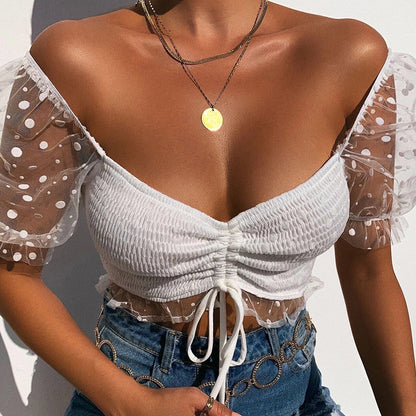 Women Polka Dot Print Puff Sleeve Drawstring Short Sexy Navel-Exposed Small Tee