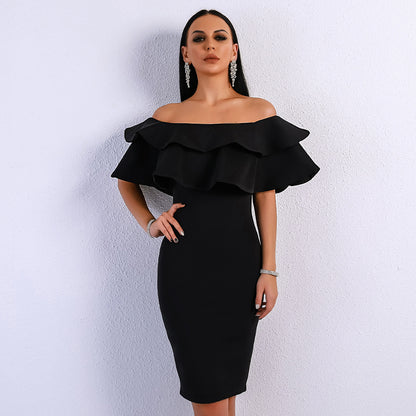 146Vestido de noche elegante de color liso con cuello en V y hombros descubiertos para mujer