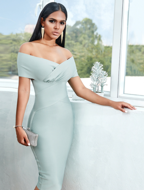 Summer New Women Clothing Bandage Dress Sexy off-Shoulder Short Sleeve Bodycon Dress